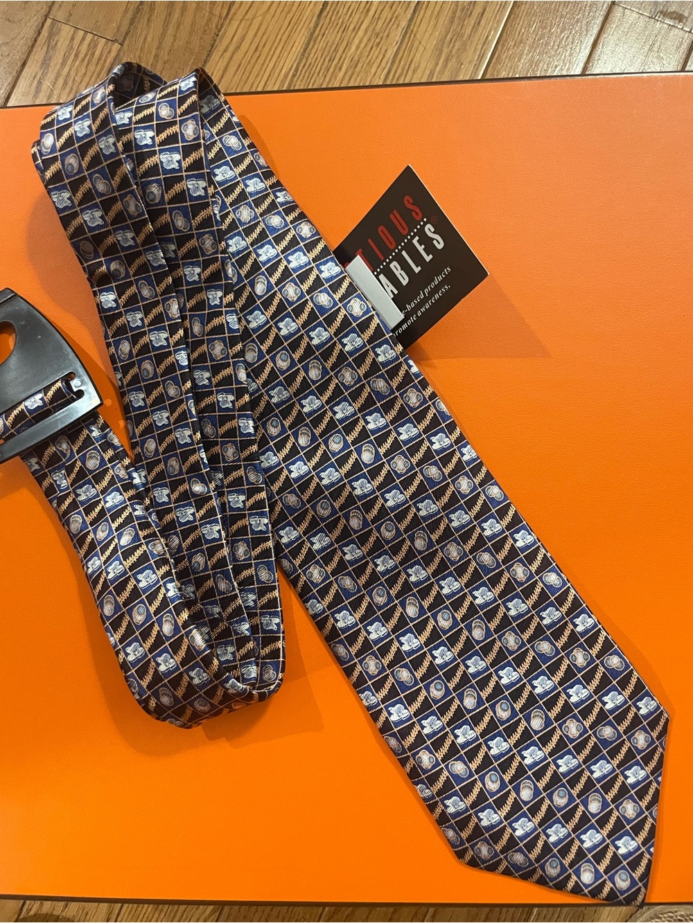 Stylish Navy & Brown Geometric Silk Tie by